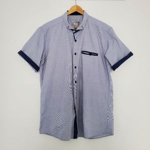 Men Blue Button Down Casual Shirt Short Sleeve Size XL 43-44 Classic Side Pocket